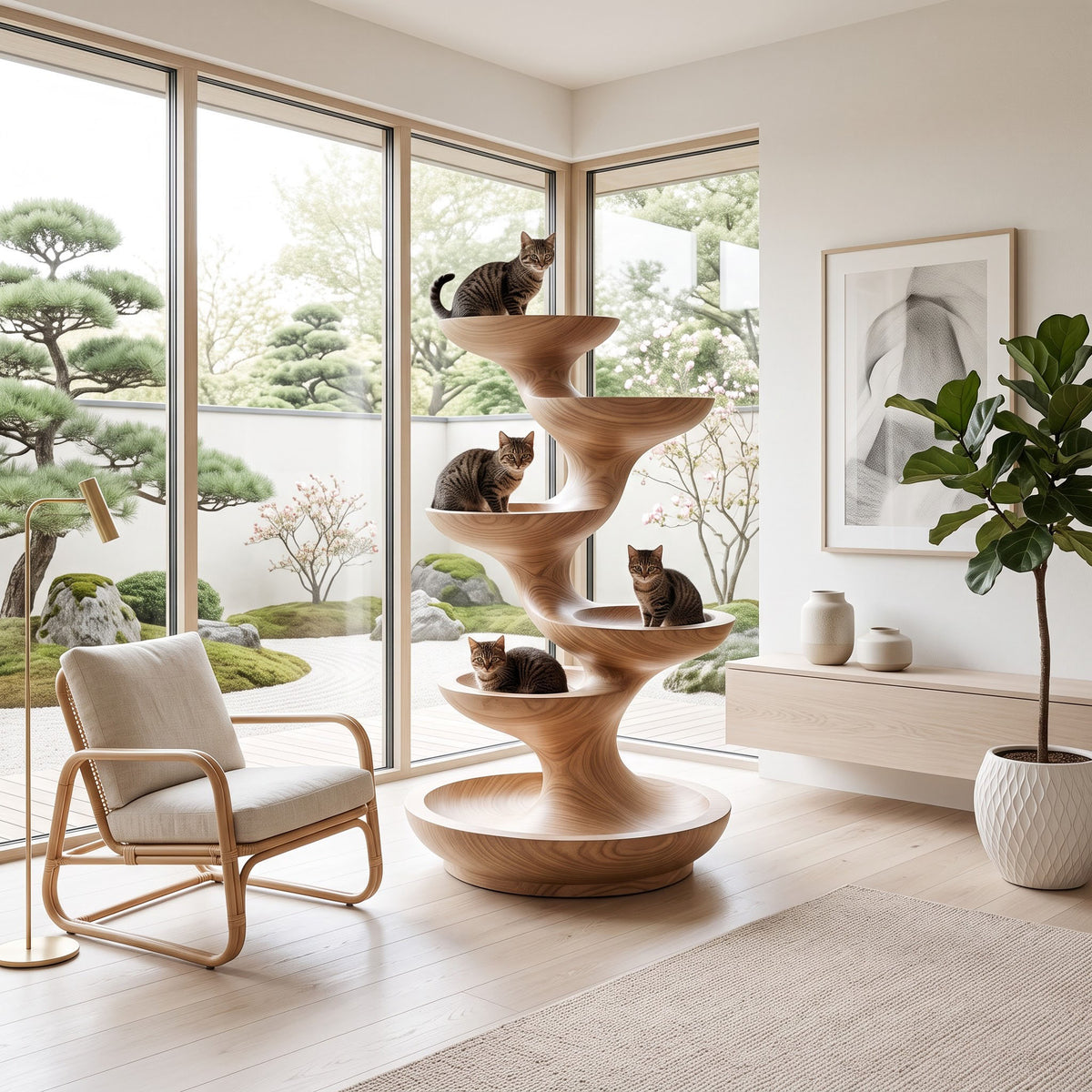 Sculptural solid wood cat lounger enhancing a contemporary living space