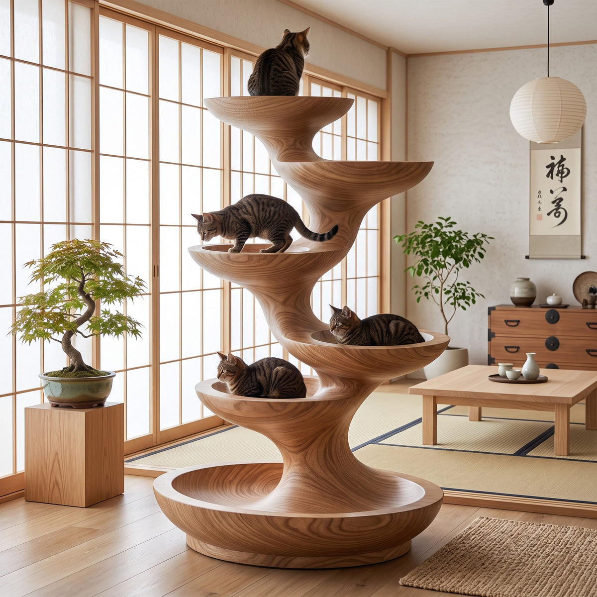 Modern spiral solid wood cat tree featured in a sophisticated home interior