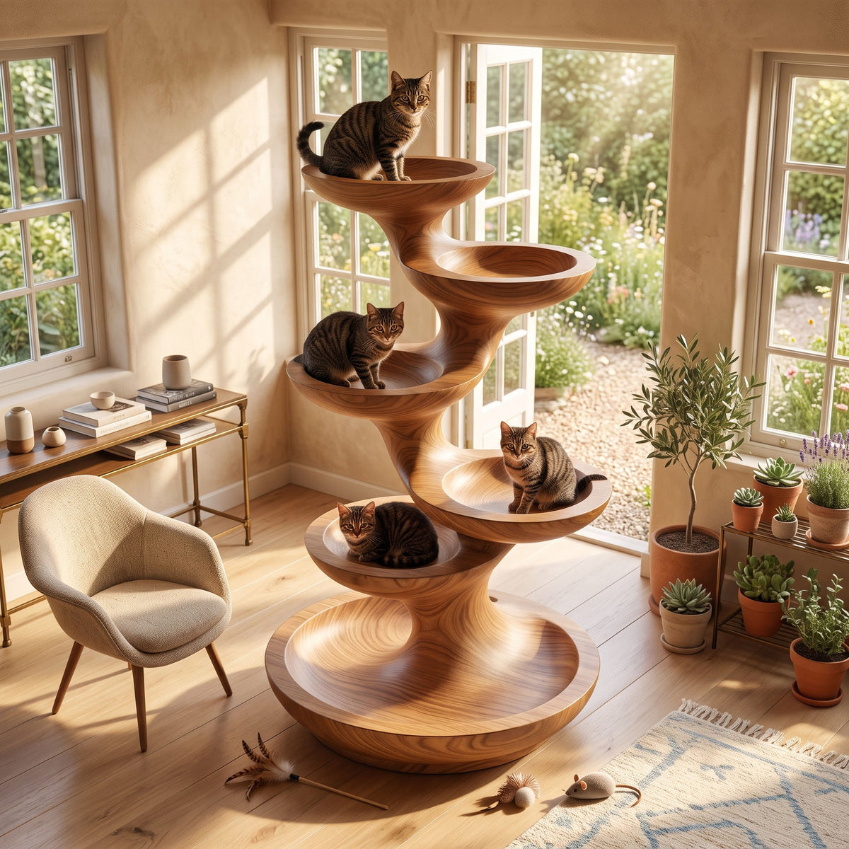 Tiered solid wood feline lounger styled in a modern pet space