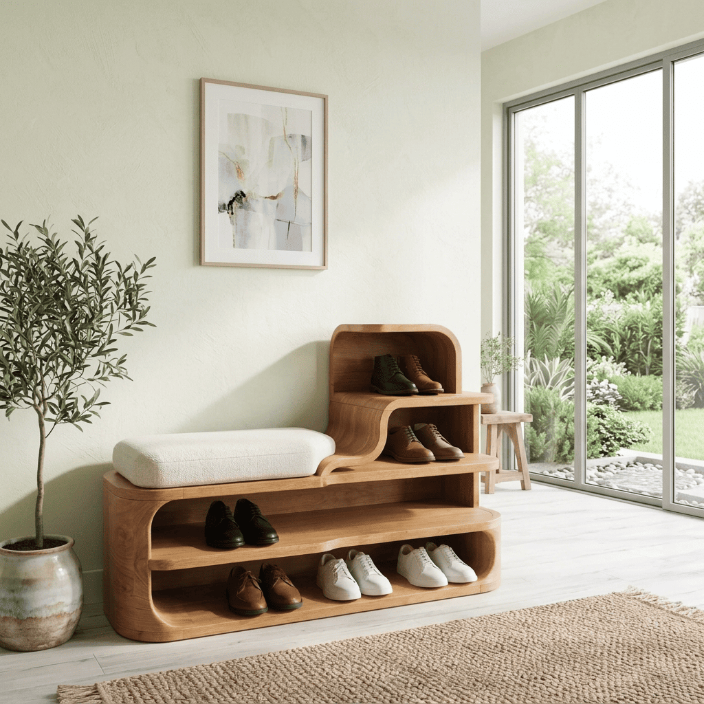 Sculptural stepped entryway shoe bench in solid wood