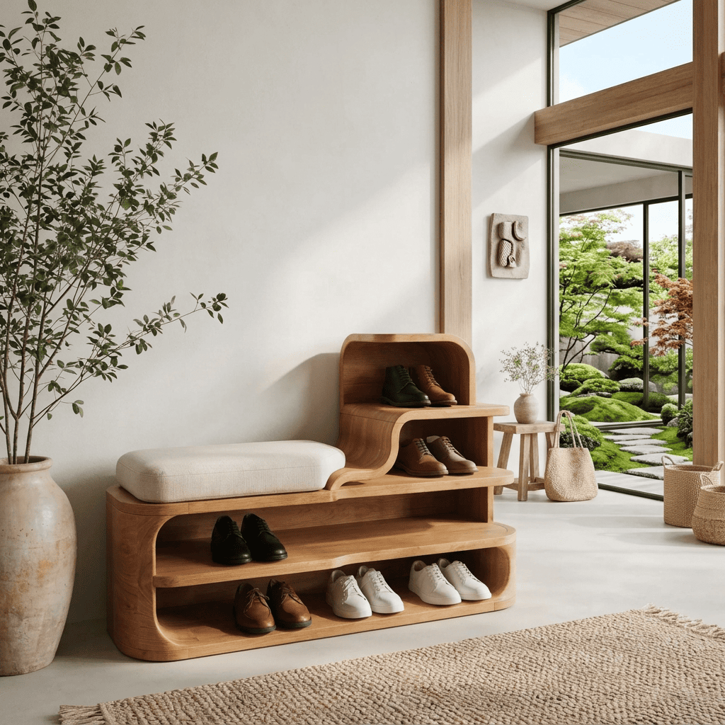 Sculptural solid wood shoe storage bench for a modern entryway