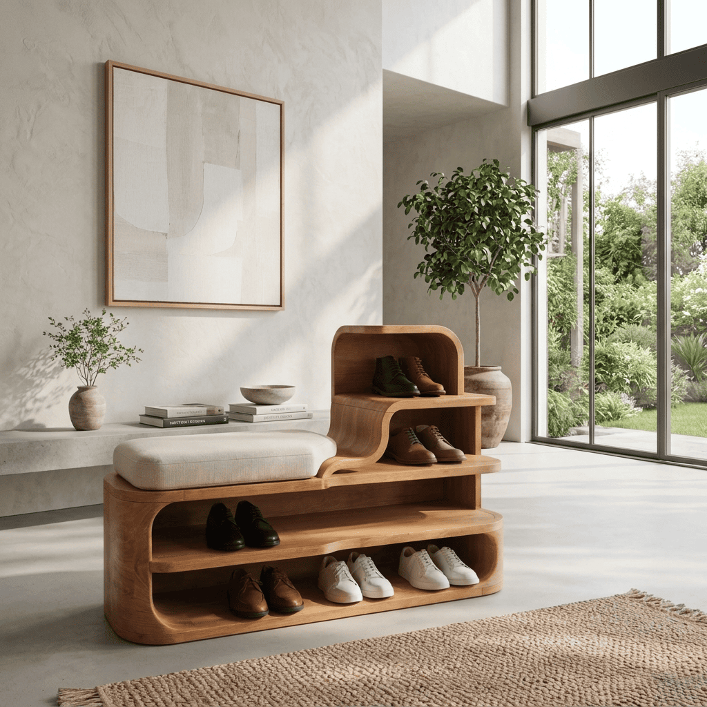 Contemporary solid wood shoe bench for an organized mudroom