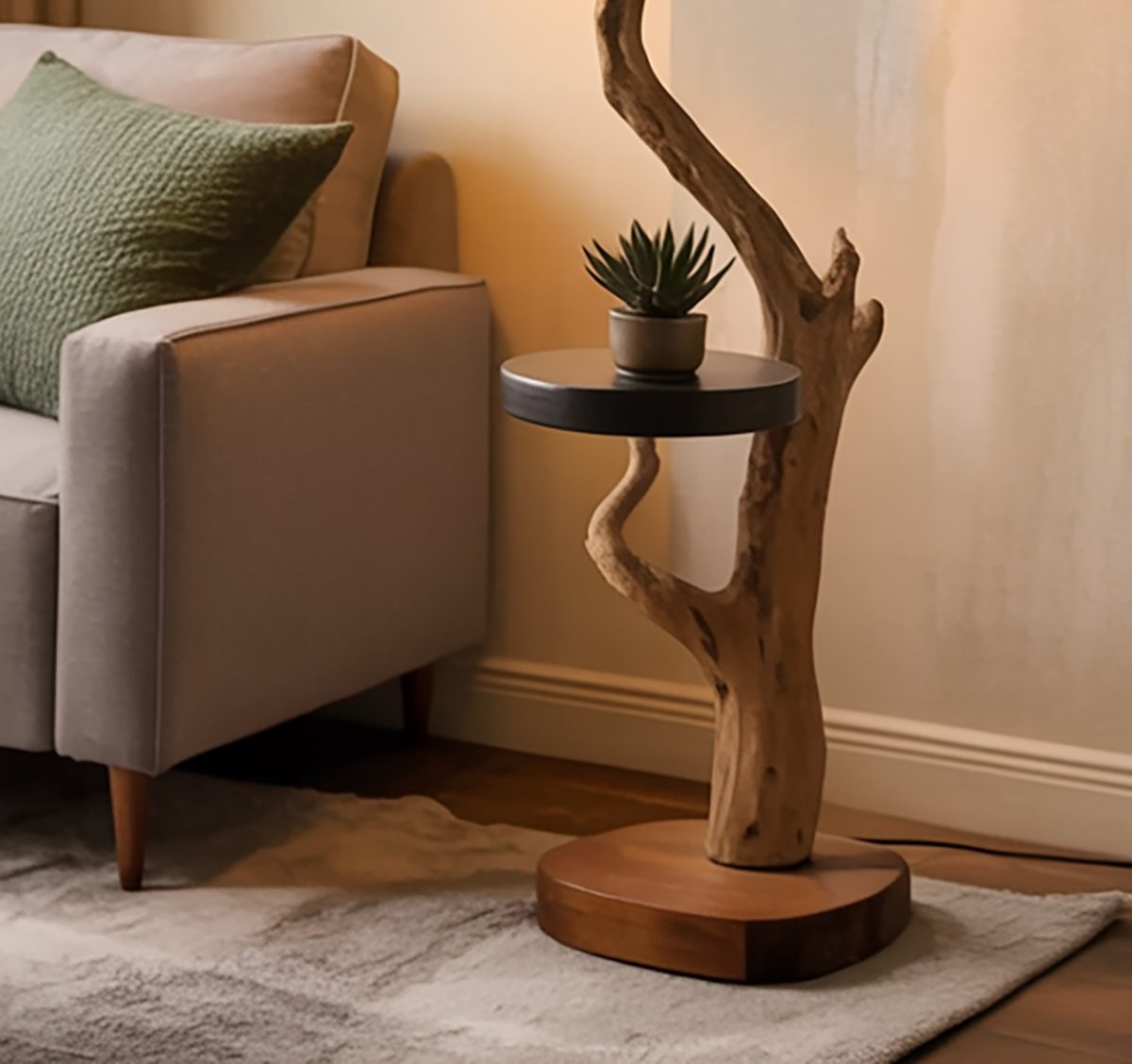 Wooden floor lamp with built in side table shelf