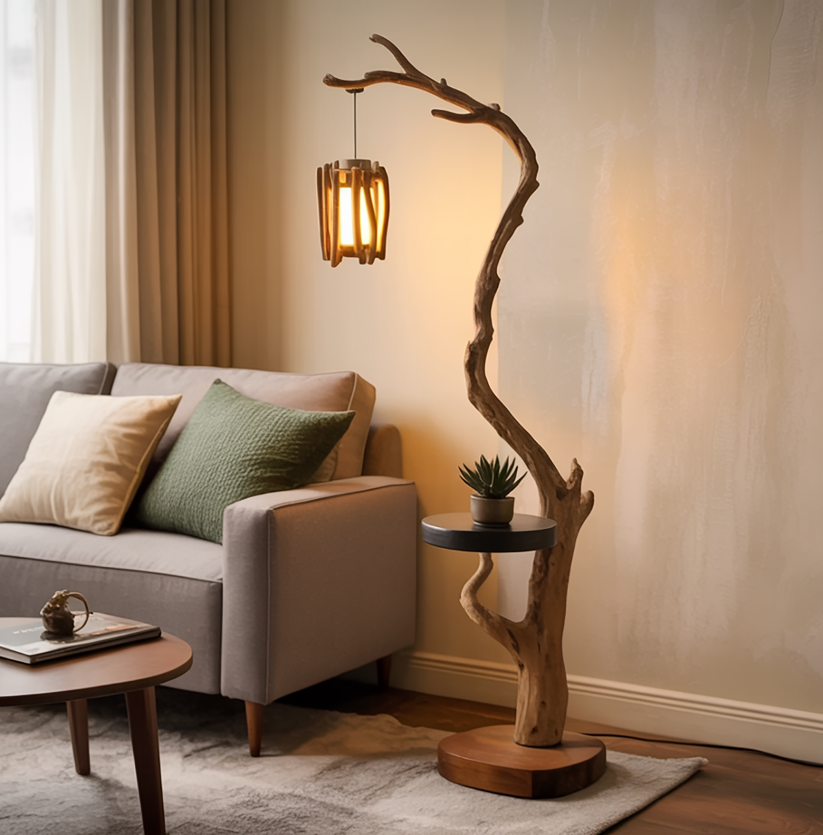 Sculptural tree branch floor lamp with side table