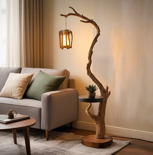Sculptural Tree Branch Floor Lamp with Side Table – Organic Modern Wooden Floor Lamp