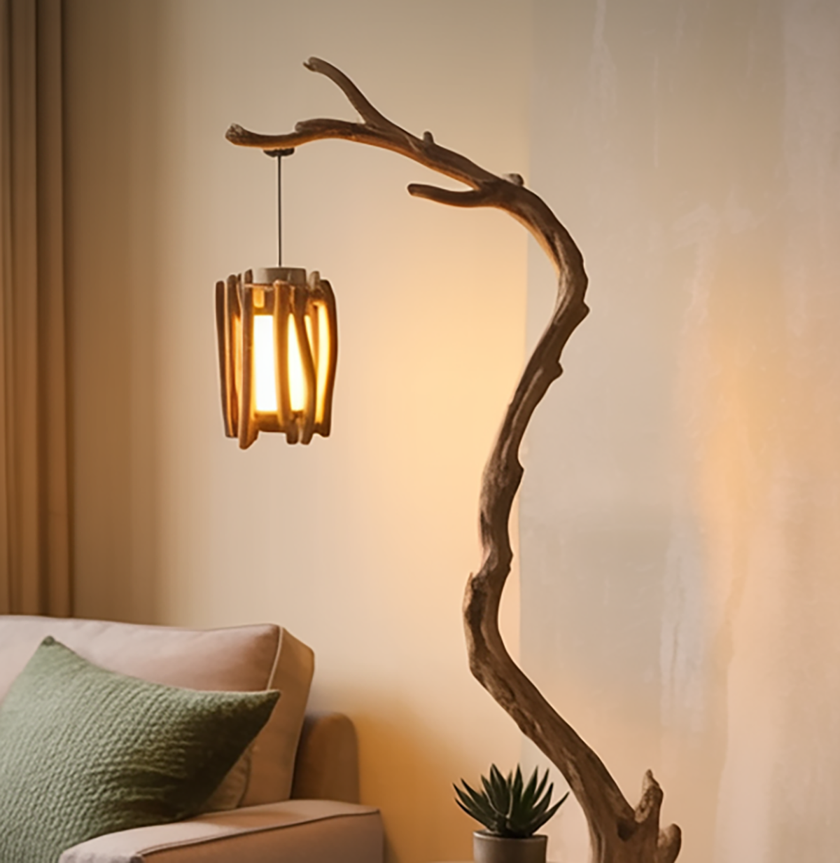Organic modern wooden floor lamp with natural tree design