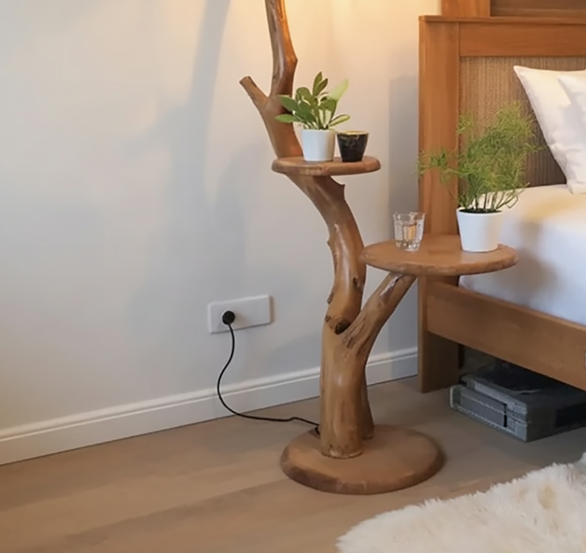 Organic live edge wooden floor lamp with natural tree design