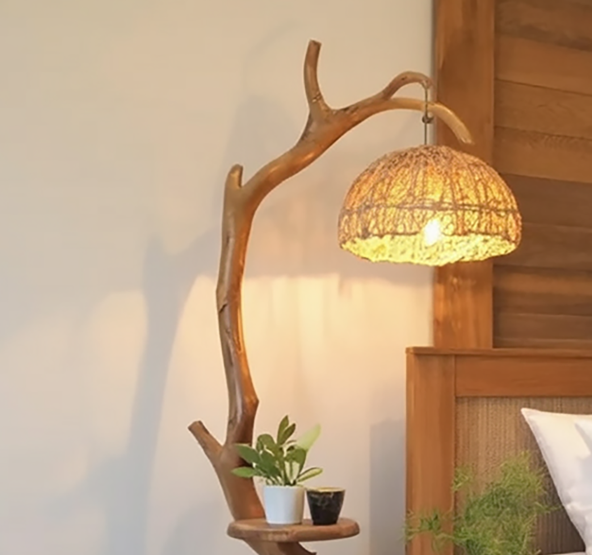 Wooden floor lamp with attached side tables for living room