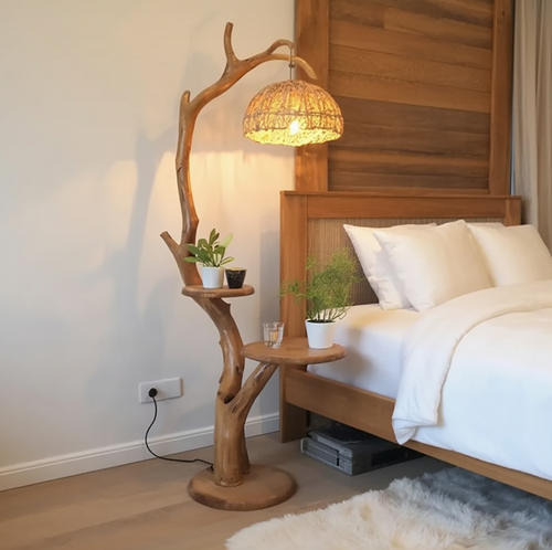 Sculptural Tree Branch Floor Lamp with Side Tables – Organic Live Edge Wooden Floor Lamp