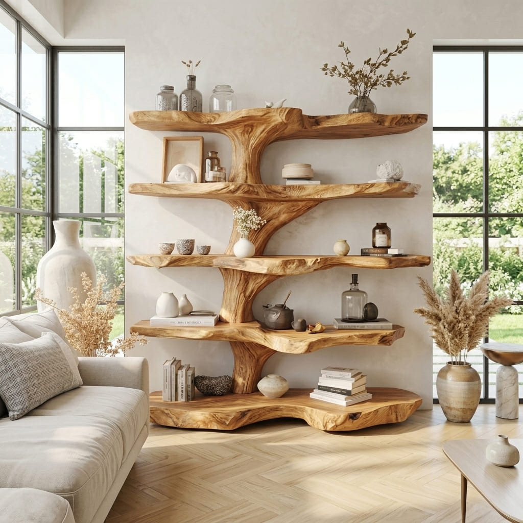 Sculptural solid wood tree bookshelf styled in a modern living room