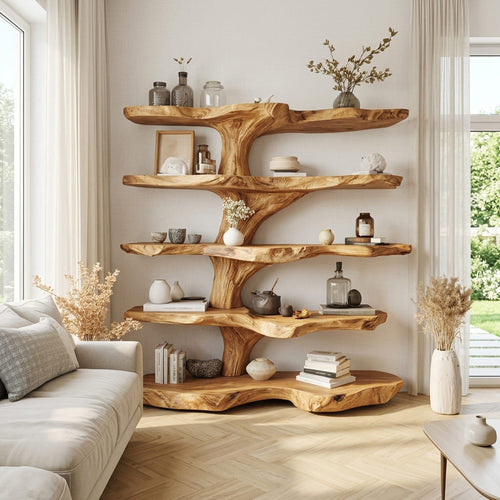 Sculptural Tree Branch Live Edge Solid Wood Bookshelf & Display Shelf