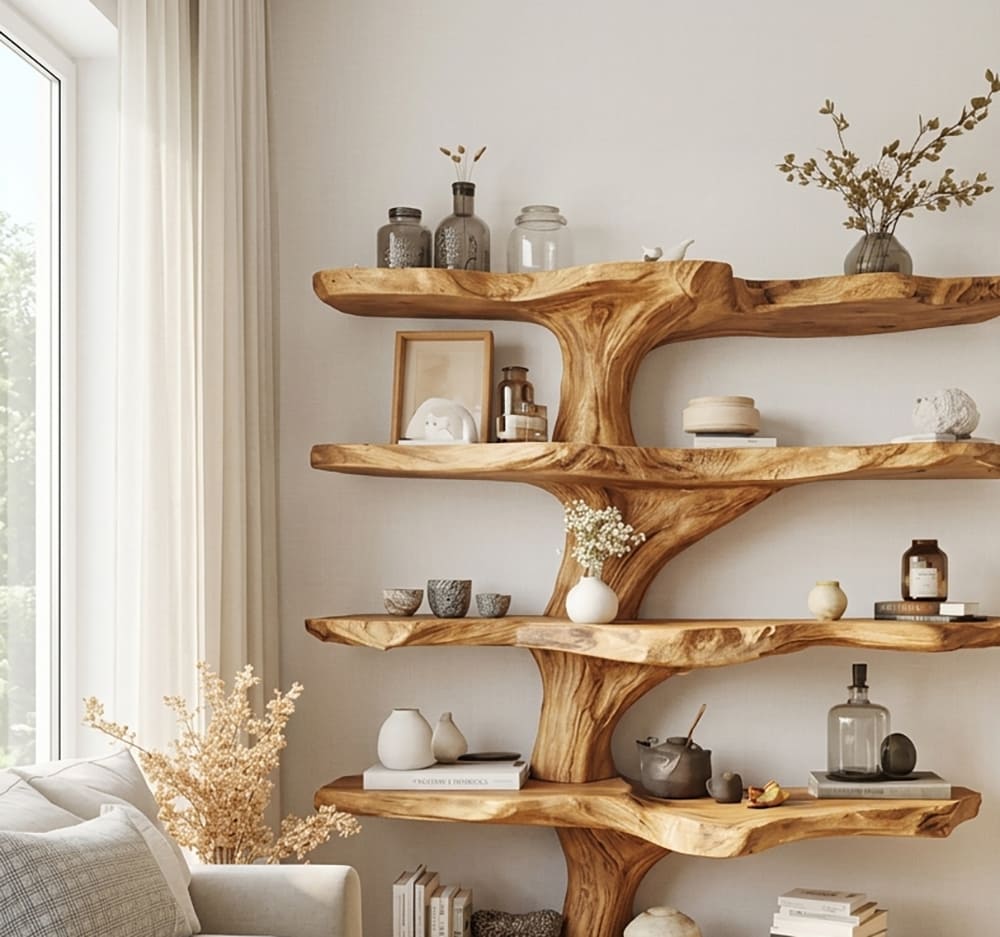 Sculptural tree display shelf in natural wood