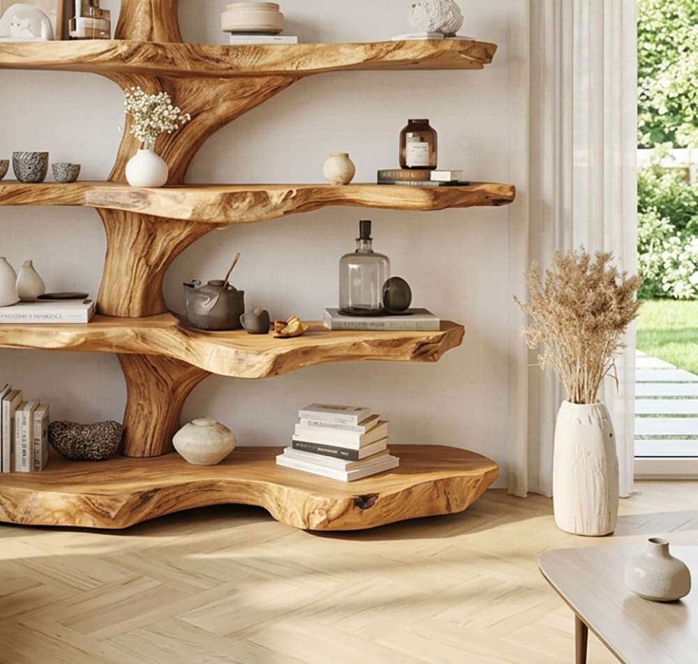 Artistic live edge bookshelf with tree branch design in solid wood