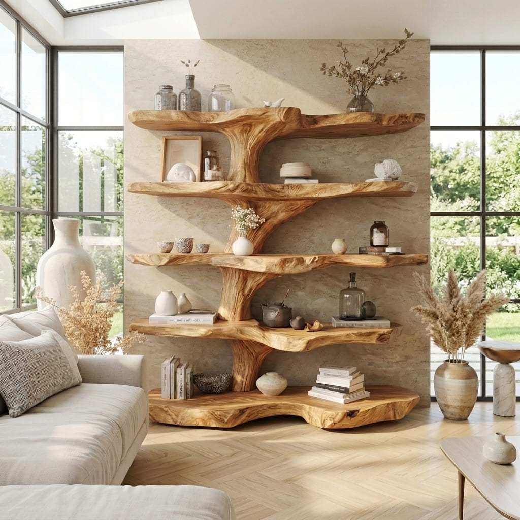 Modern handcrafted tree display shelf in a cozy study room