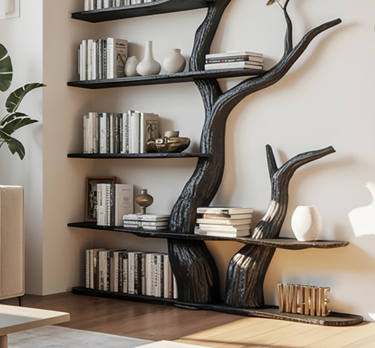 Sculptural live edge bookshelf with dramatic black finish