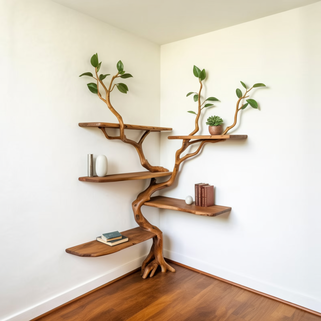 Reading nook wall bookshelf with sculptural wooden design