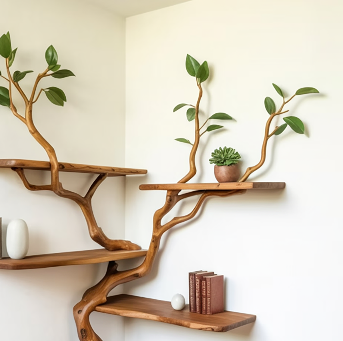 Wall mounted wooden bookshelf with tree branch design