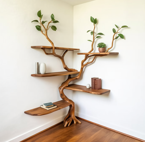 Sculptural Tree Branch Live Edge Solid Wood Wall Shelf – Organic Modern Corner Bookshelf