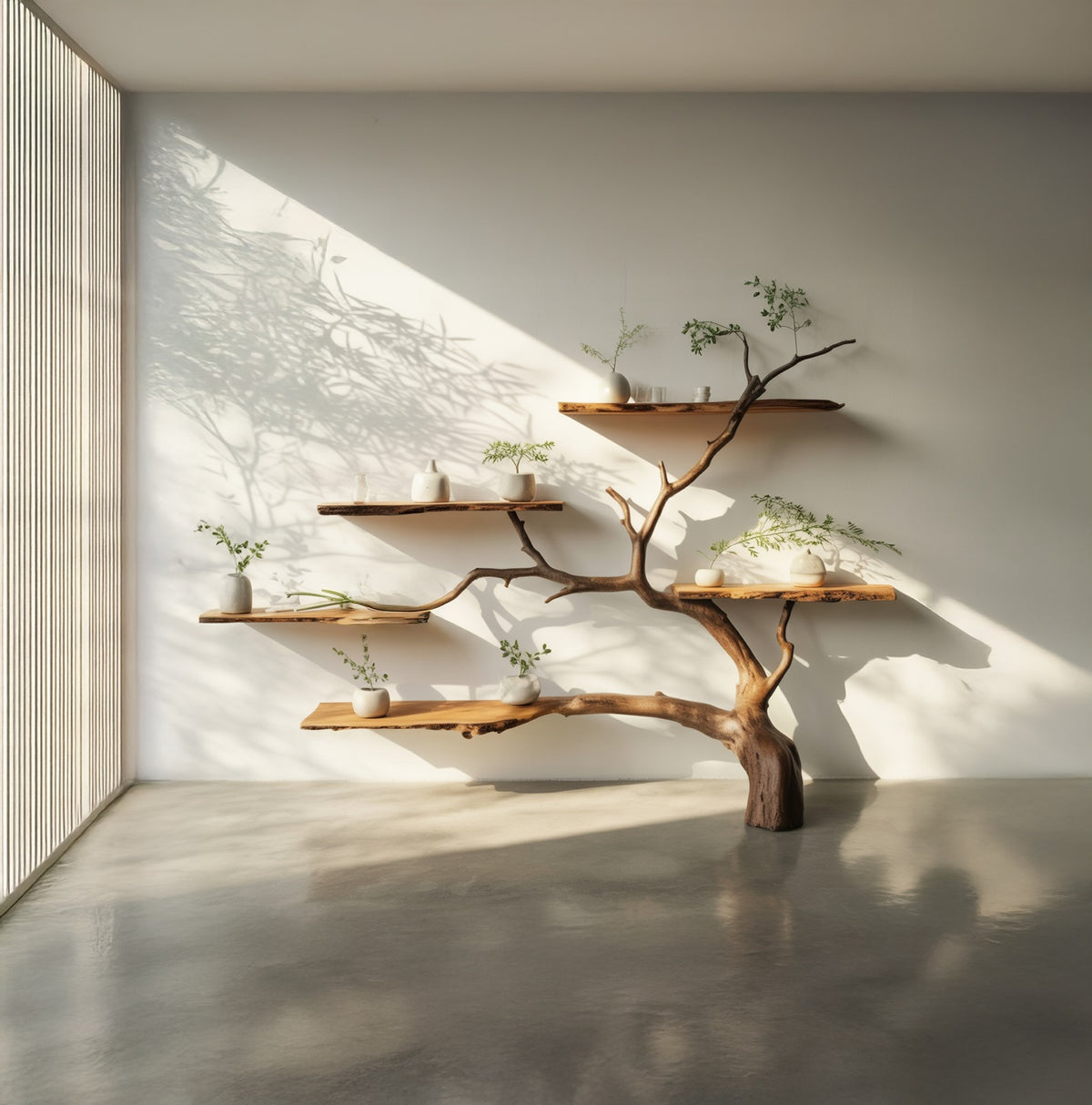 Handcrafted tree branch wall shelf mounted on white wall with ceramics 