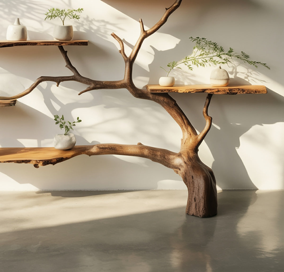 Close-up of natural live edge wood grain on sculptural wall shelf 