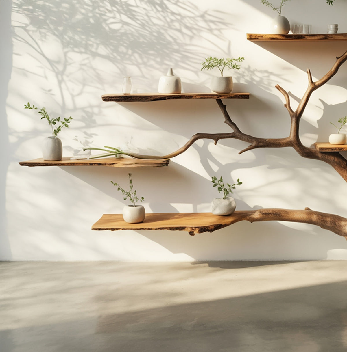 Close-up of natural live edge wood grain on sculptural wall shelf 
