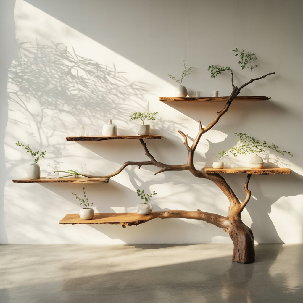 Tree bookshelf wall installation with small green plants in a sunlit room