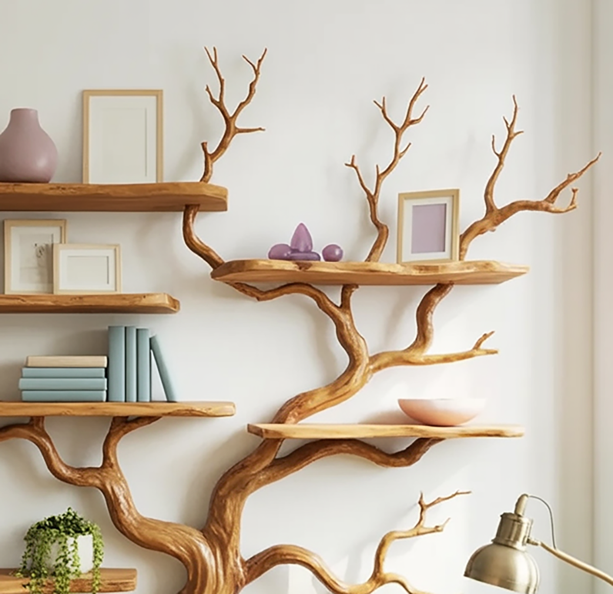 Sculptural wood bookshelf for books and decorative display