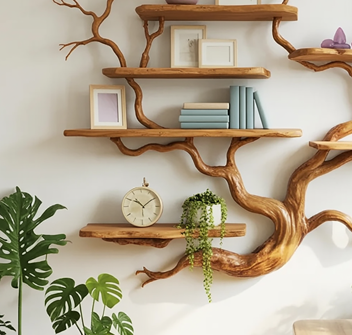 Organic wooden wall bookshelf with branch inspired silhouette