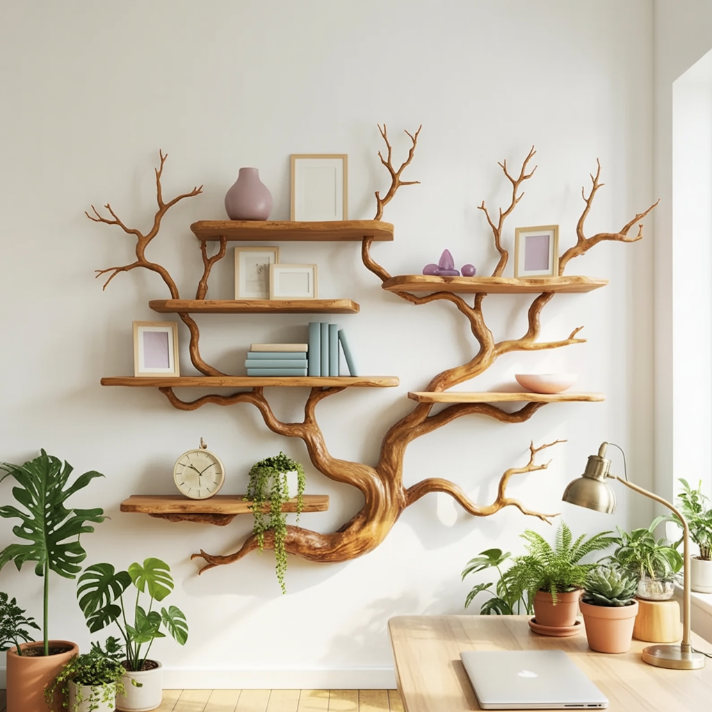 Tree branch live edge solid wood wall shelf with sculptural design