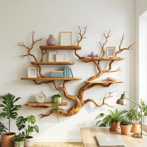 Sculptural Tree Branch Live Edge Solid Wood Wall Shelf – Organic Statement Bookshelf