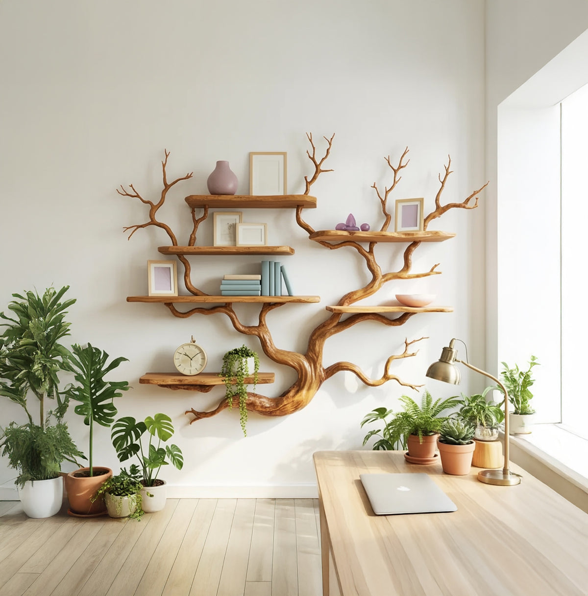 Handmade live edge wall shelf with natural tree branch form