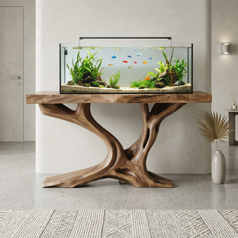 Sculptural tree branch aquarium stand in solid wood