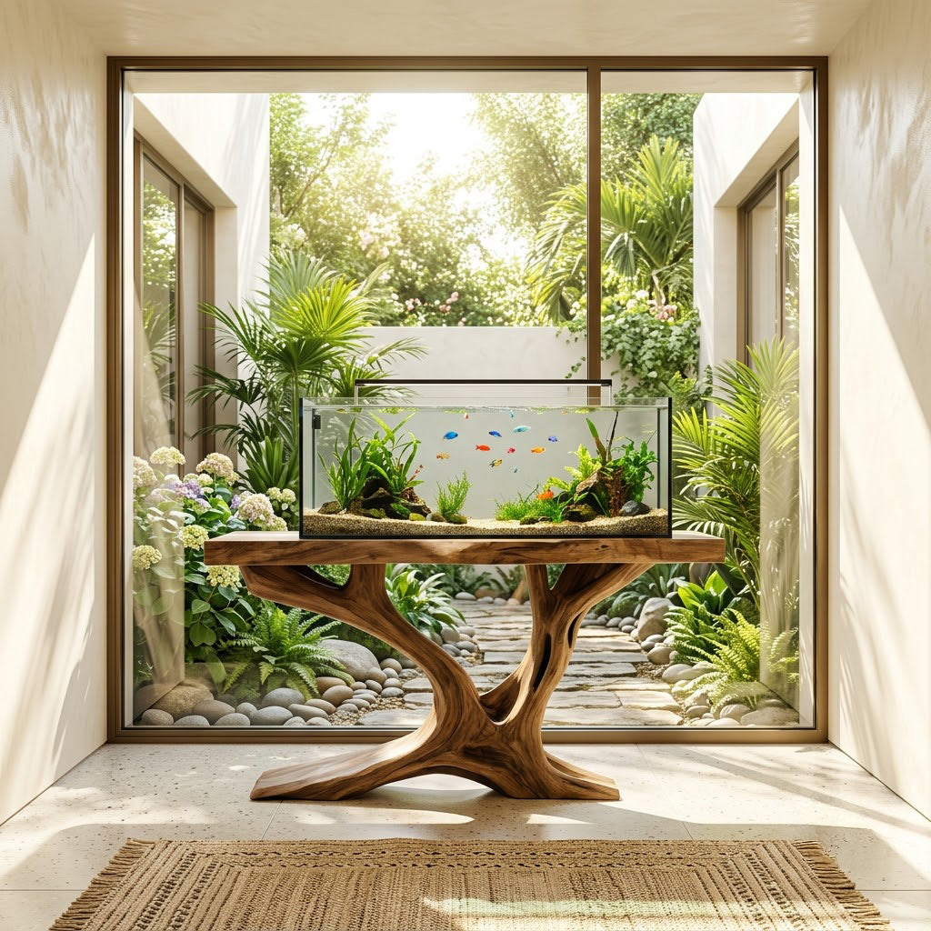 Tree branch solid wood console table styled in an elegant modern home