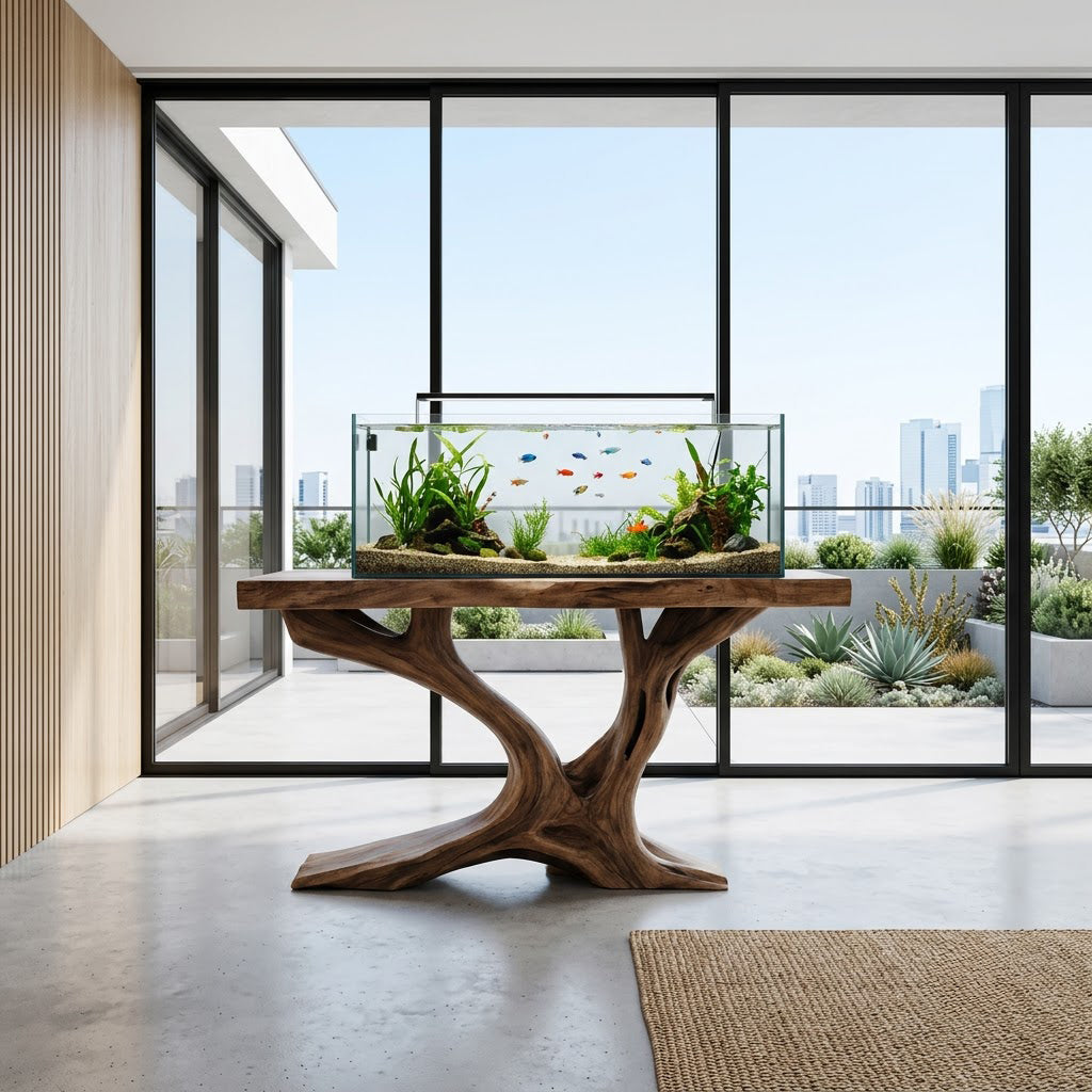 Organic solid wood tree branch aquarium stand displayed in a minimalist interior