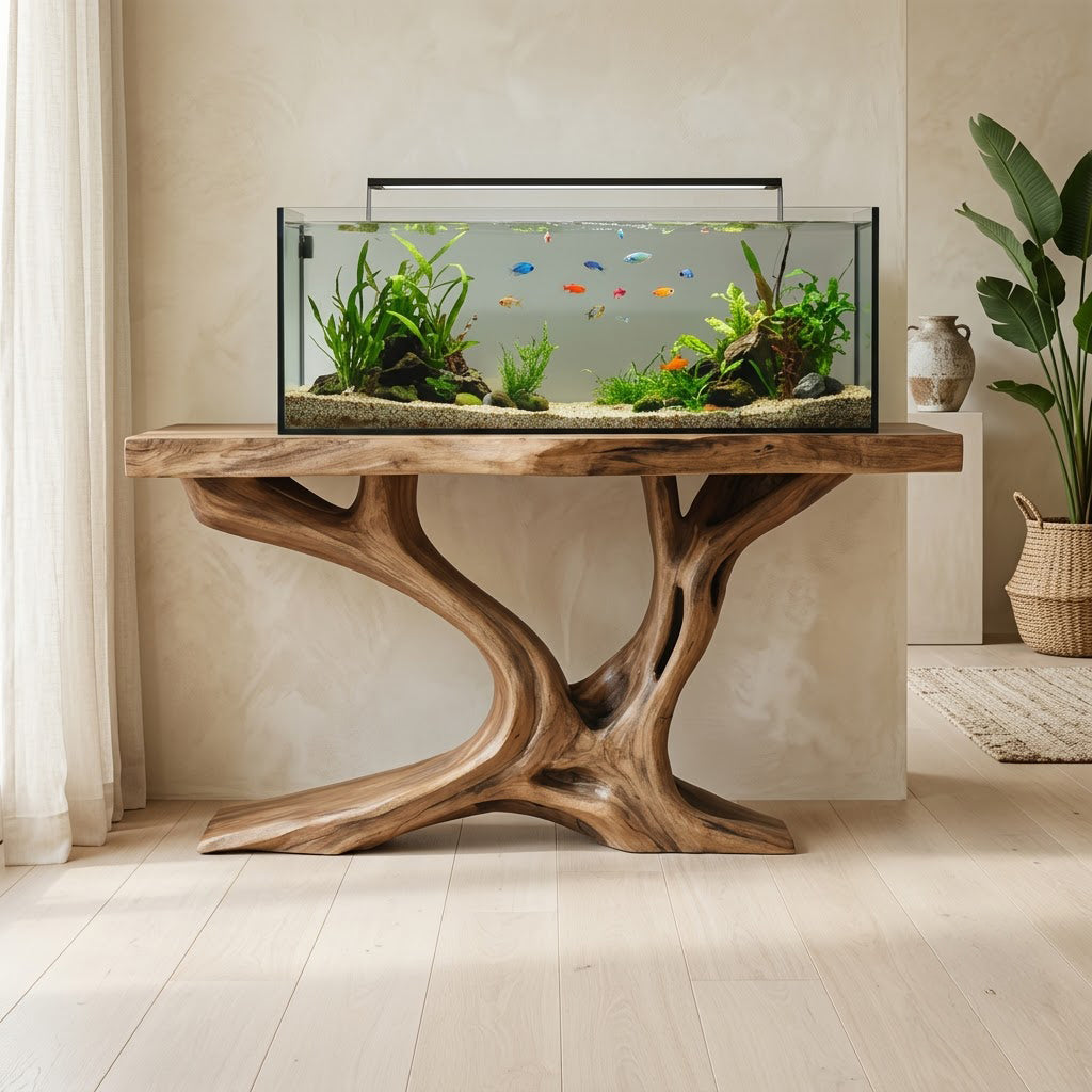 Sculptural solid wood aquarium console enhancing a contemporary living space