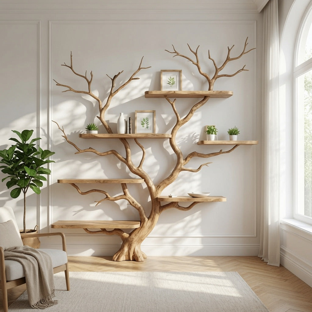 Organic hardwood bookshelf creating a statement in a contemporary reading nook