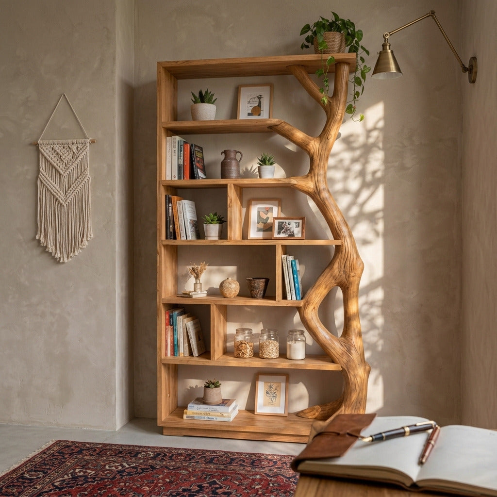 Organic solid wood bookcase in a contemporary study room