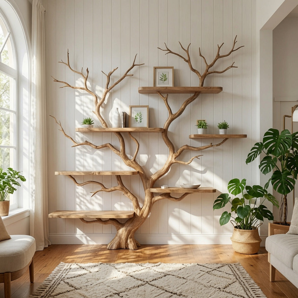 Rustic solid wood tree bookshelf enhancing a minimalist interior