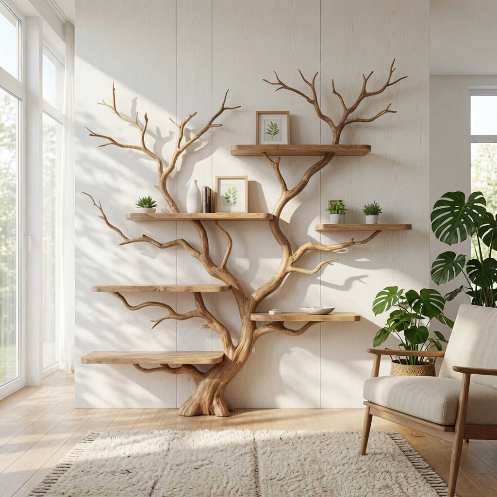Artisan sculptural wooden bookshelf adding natural warmth to a luxury living space