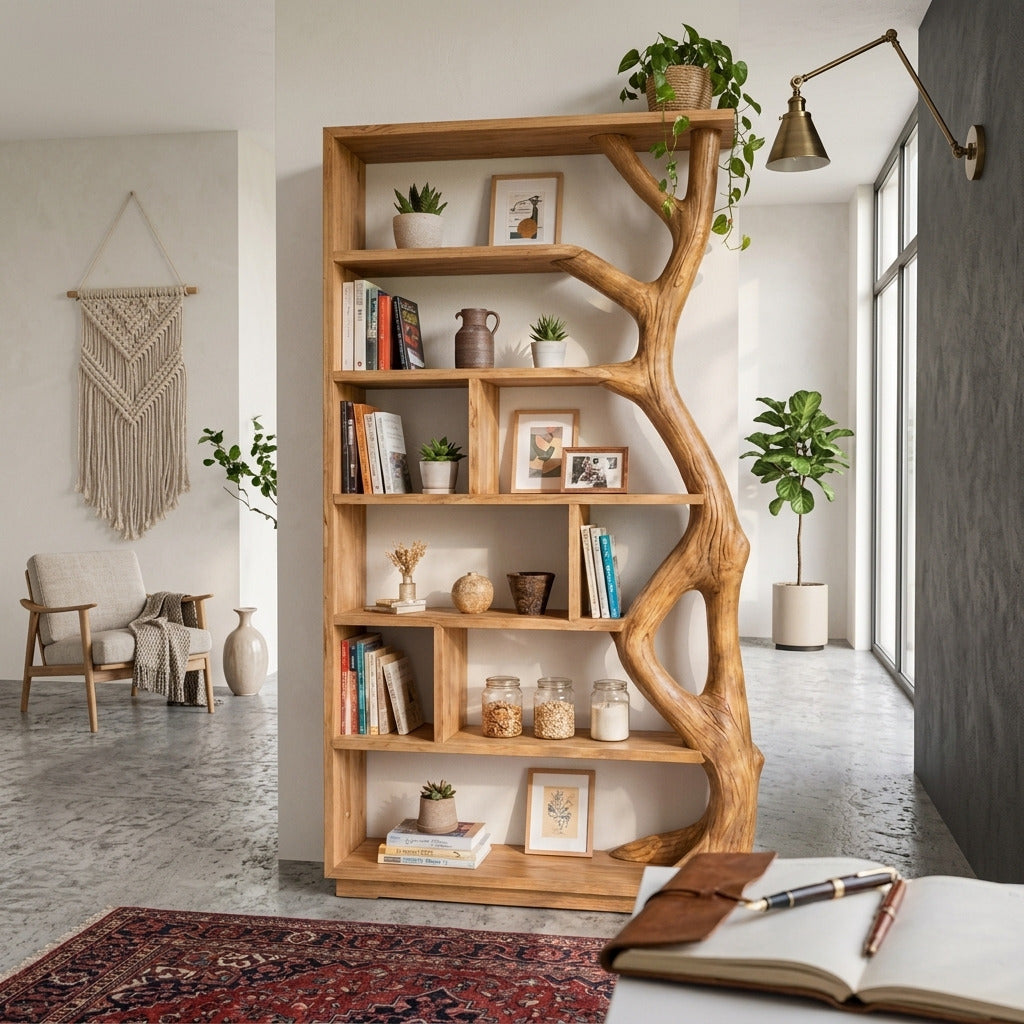 Sculptural tree branch bookshelf in solid wood