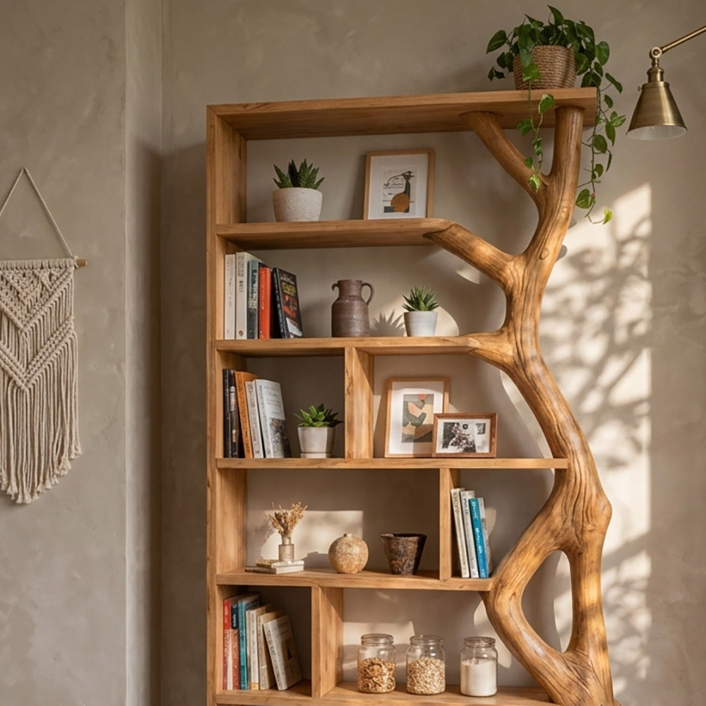 Contemporary solid wood tree shelf with branch design