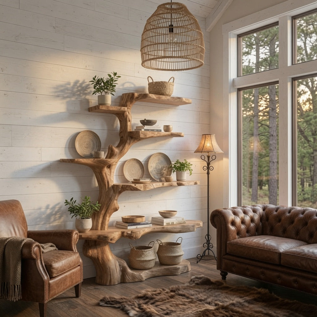 Sculptural tree branch bookshelf in solid wood