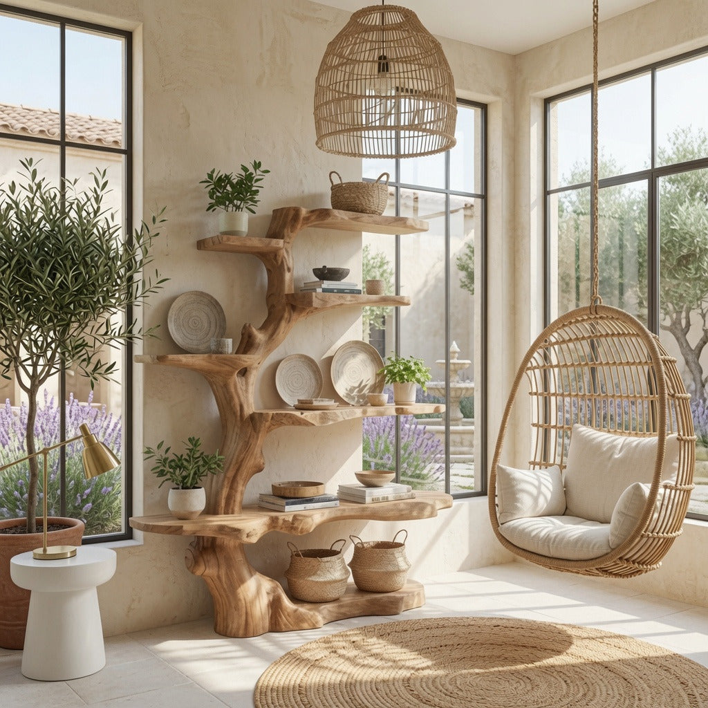 Organic tree branch bookshelf adding natural elegance to a modern reading nook