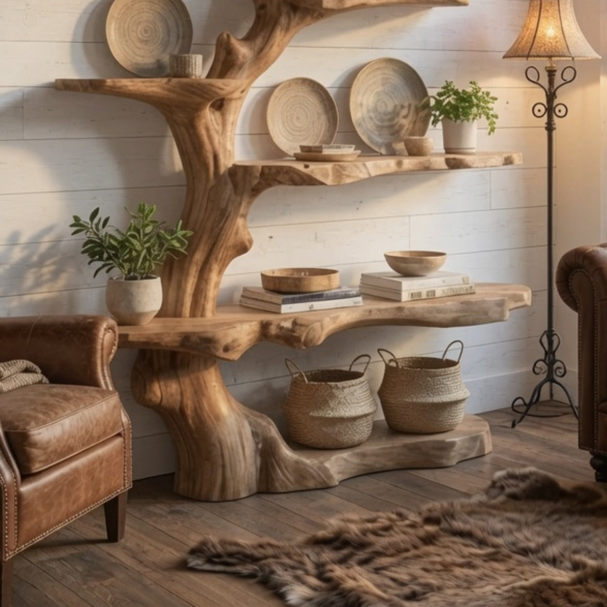 Handcrafted solid wood tree branch bookshelf