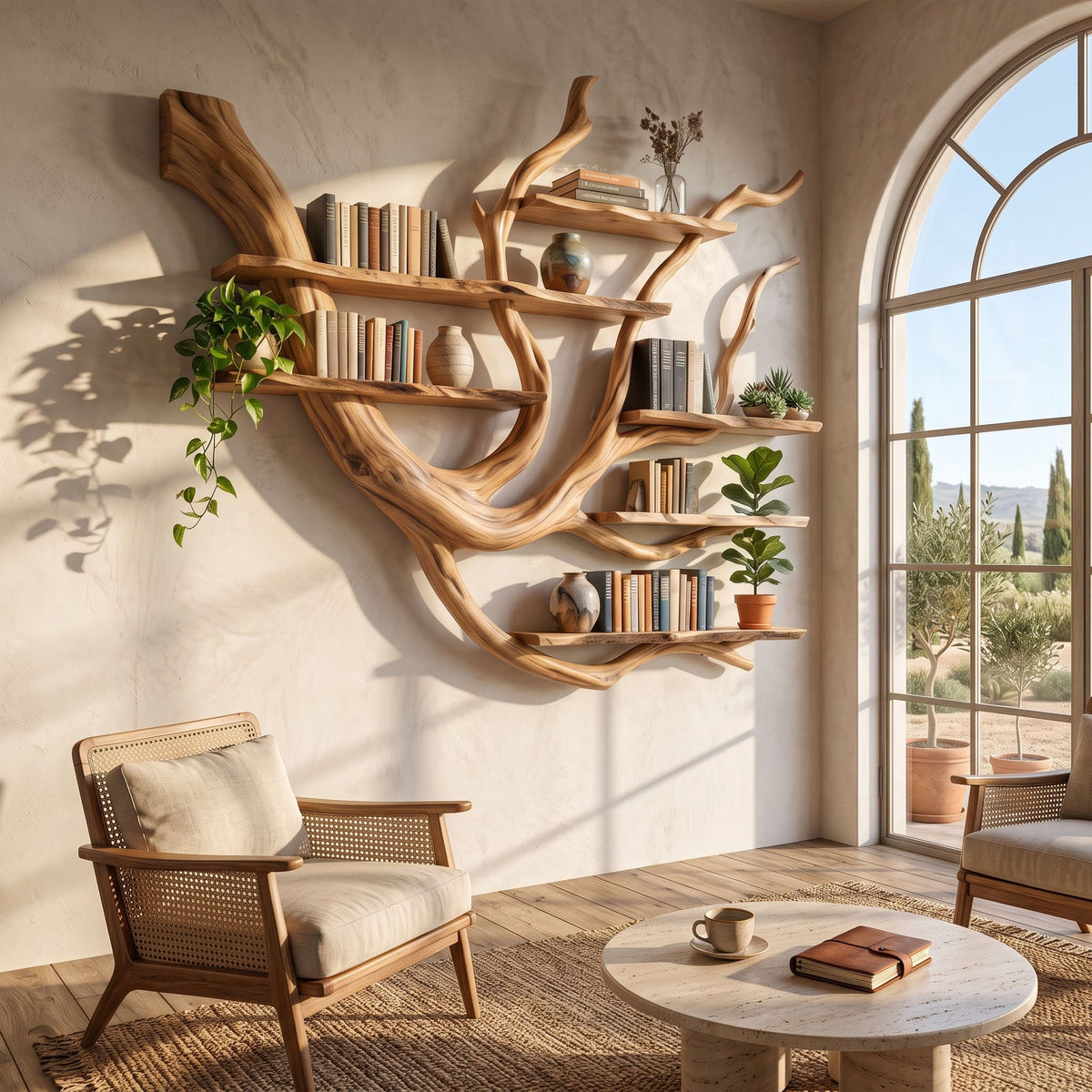 Sculptural tree branch bookshelf in solid wood