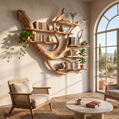 Sculptural Tree Branch Solid Wood Bookshelf Wall Hanging Display Rack
