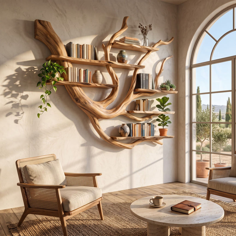 Sculptural tree branch bookshelf in solid wood