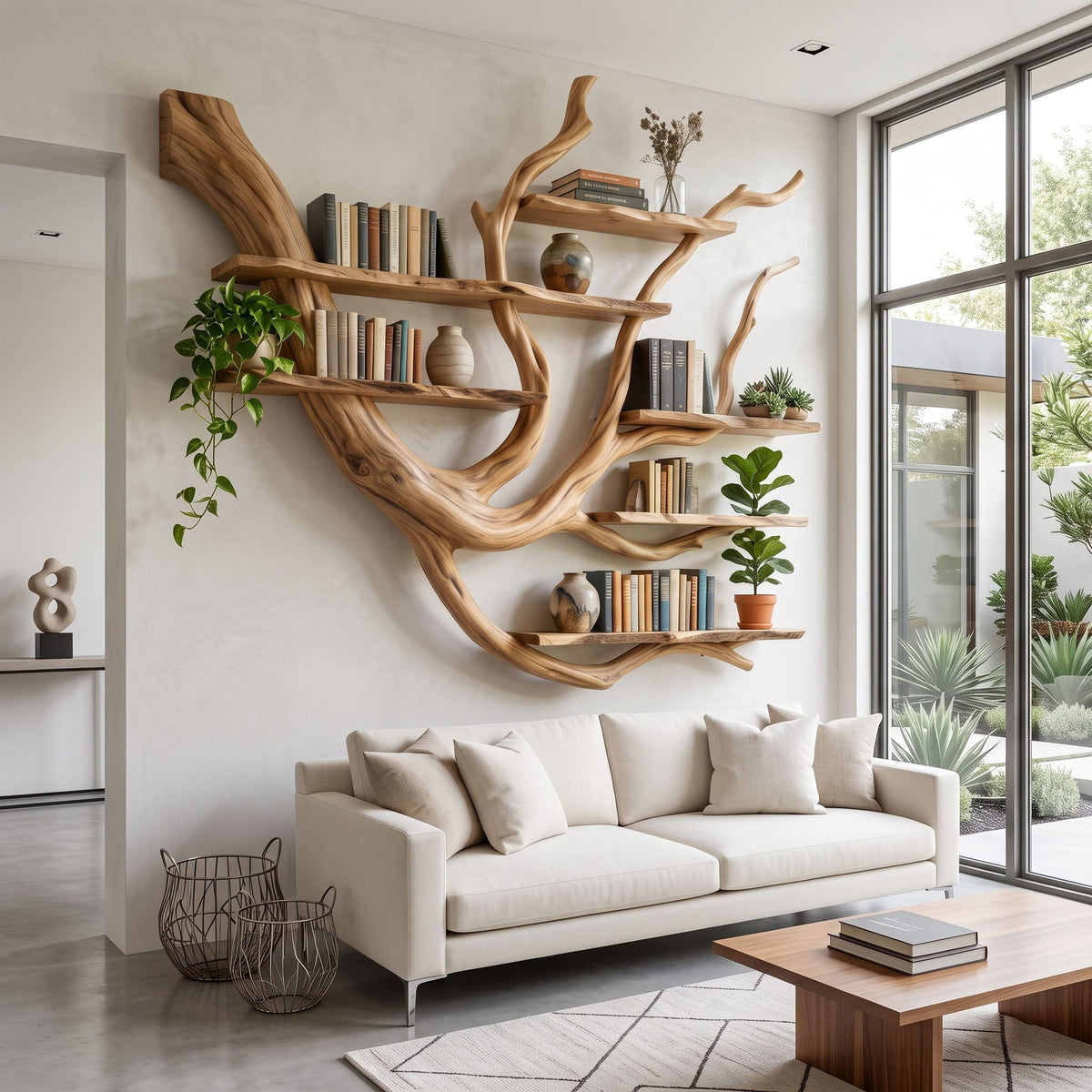 Sculptural tree branch solid wood bookshelf in a contemporary living room