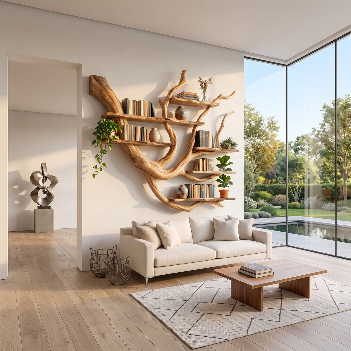 Sculptural solid wood wall display rack enhancing a contemporary living space