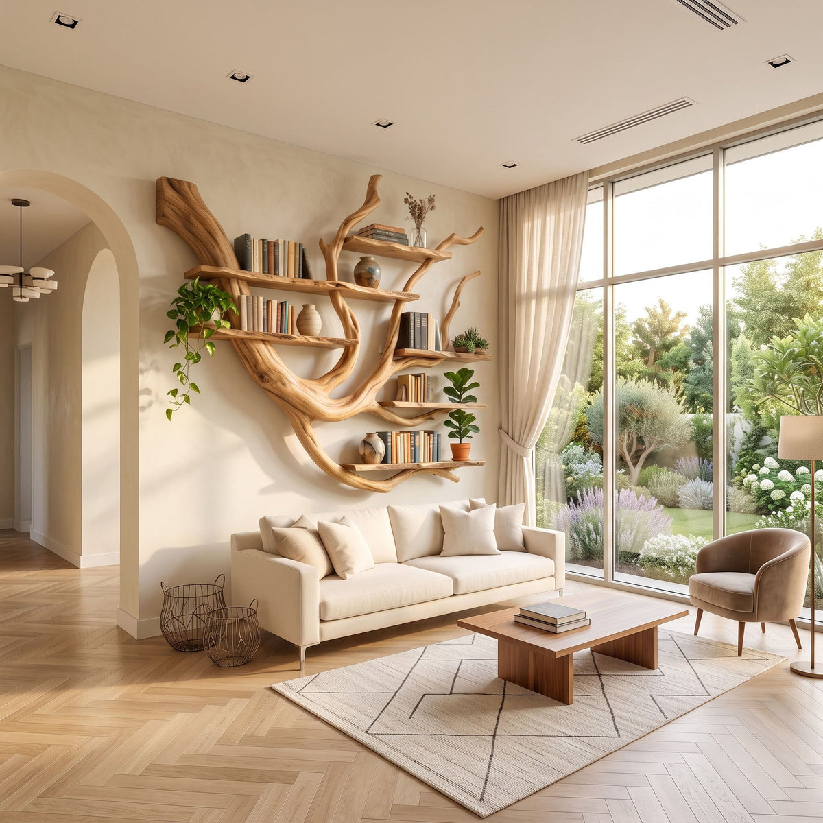 Handcrafted solid wood branch display shelf styled in an elegant modern interior